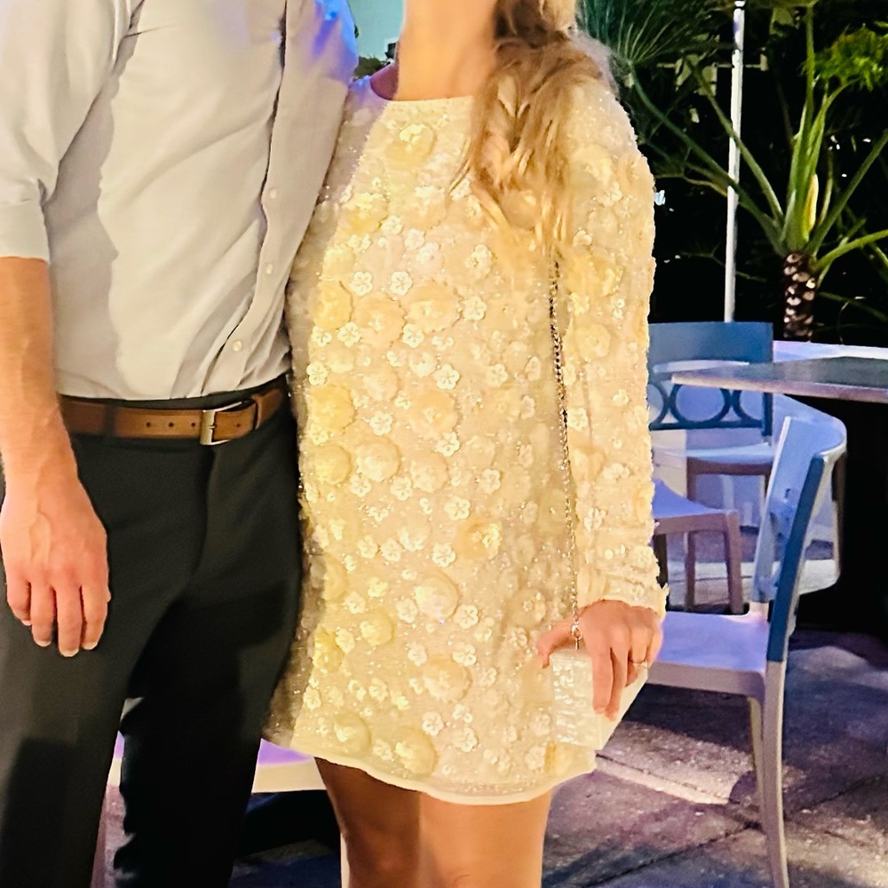 Revolve long sleeve 3D bead and sequin flower white bridal dress - size small